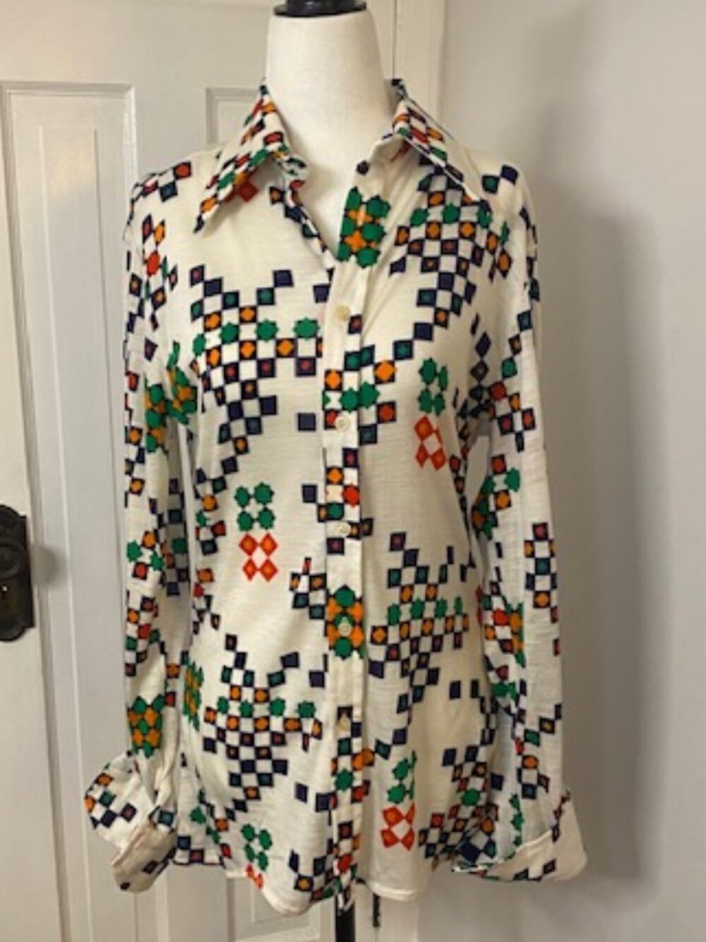 Vintage 1970's Shirt 41 (Medium) Creazioni Italy Geometric Bold Pattern
